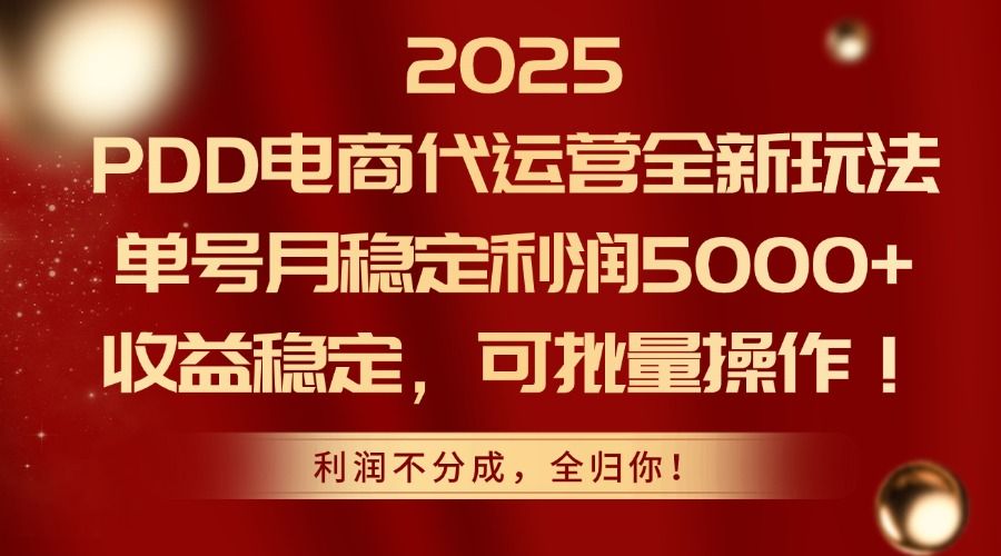 2025 PDD电商代运营全新玩法，单号月稳定利润5000+，收益稳定，可批量操作！